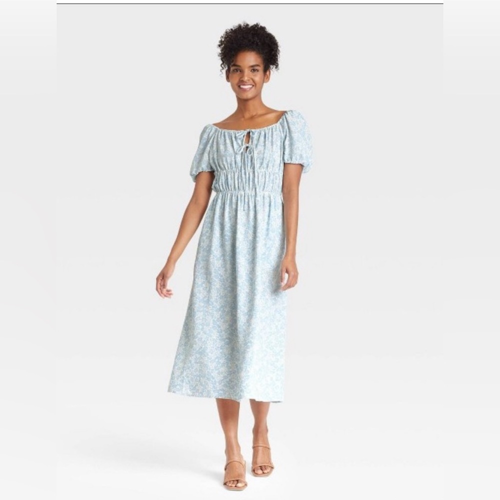 Who What Wear Milk Maid Blue White Ditsy Floral Midi Dress, Size Medium